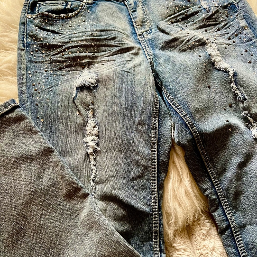 Fashion Bug Blue Straight Leg Jeans with Distressed & Rhinestone Detailing​